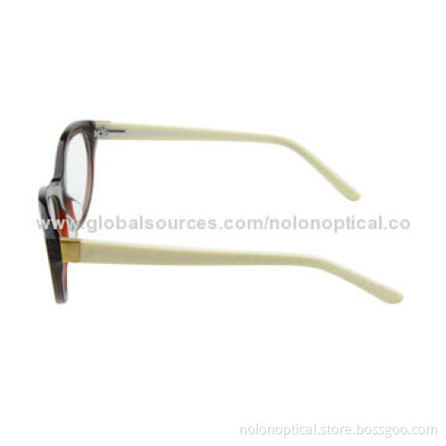 Cat eye shape acetate optical frames in brown with white